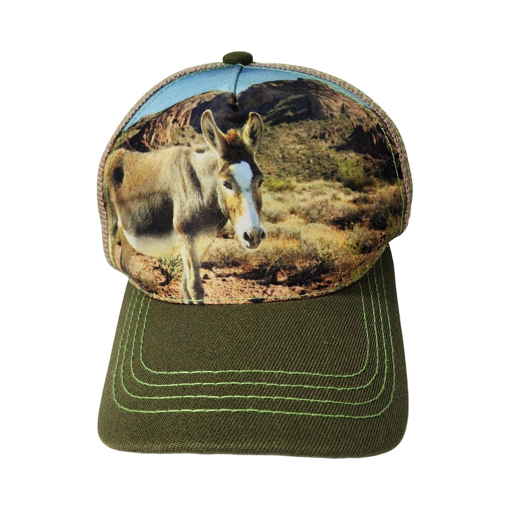 Big Bear‎ Donkey Photo Print Trucker Hat Olive Green Mesh Snapback Cap 100%